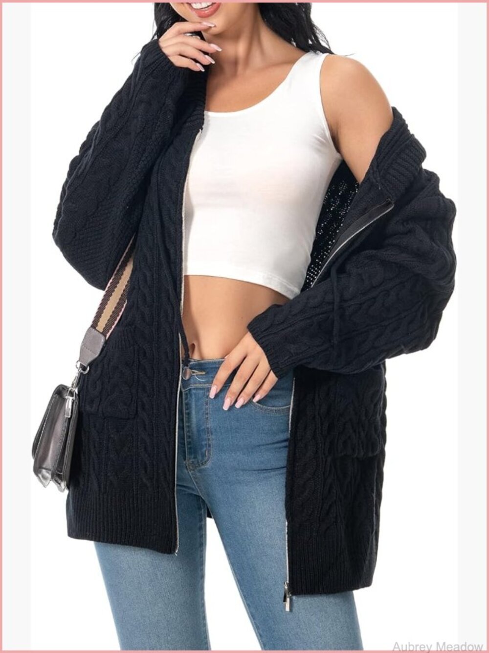 Oversized Hooded Cable Knit Cardigan with Zipper Pockets